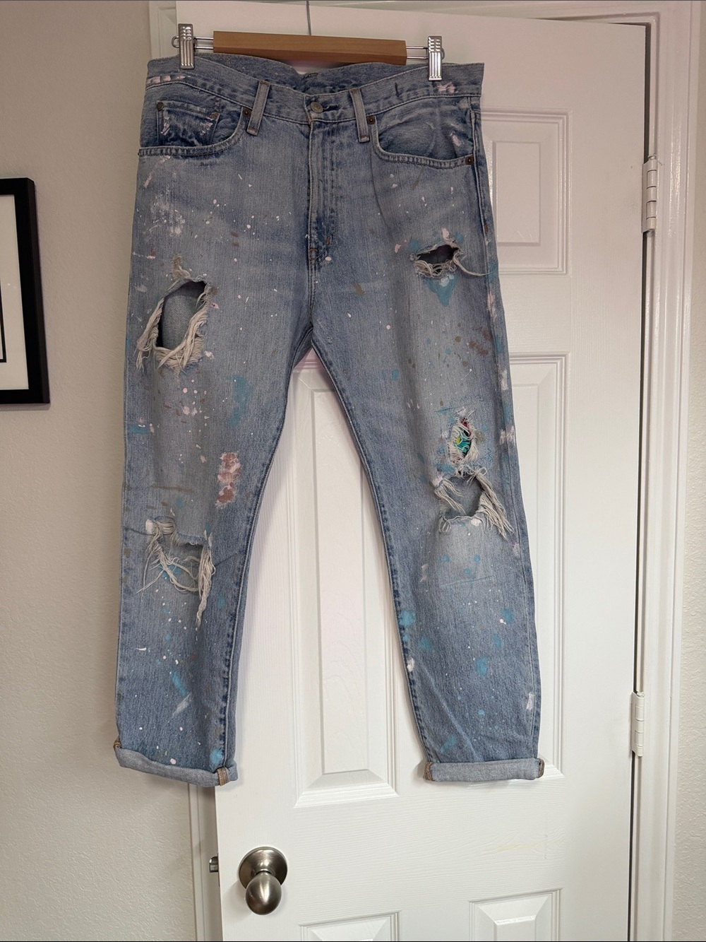 Ralph Lauren Light Blue Distressed Boyfriend Jeans with Paint Splatters